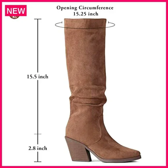 Pointed Toe Knee High Boots Faux Suede Chunky Heel Side Zipper Slouchy
